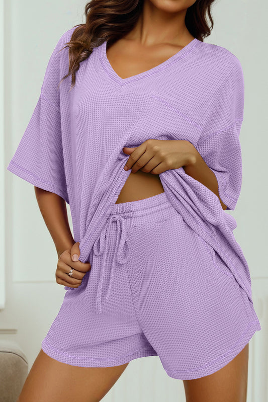 Orchid Petal Solid Color Waffled V Neck Loose Tee Drawstring Shorts Set