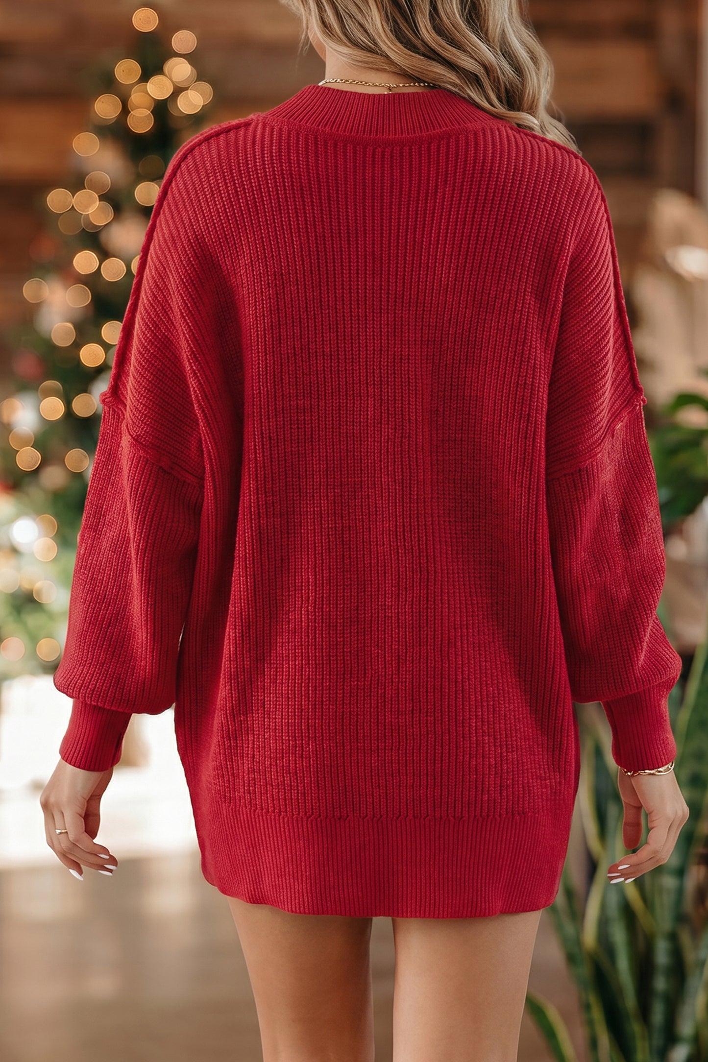 Red Dahlia Long Sleeve Ribbed Knit Stand Neck Regular Fit Sweater