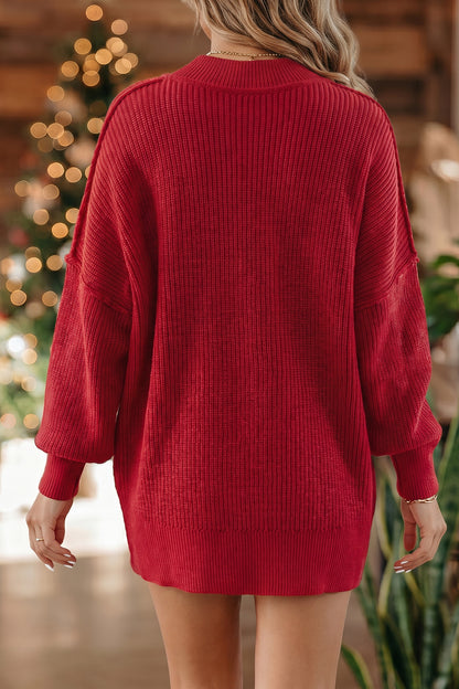 Red Dahlia Long Sleeve Ribbed Knit Stand Neck Regular Fit Sweater