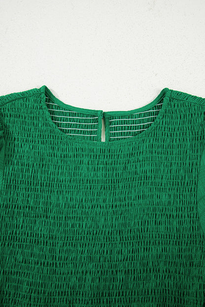 Dark Green Solid Textured Smocked Puff Short Sleeve High Waist Long Dress