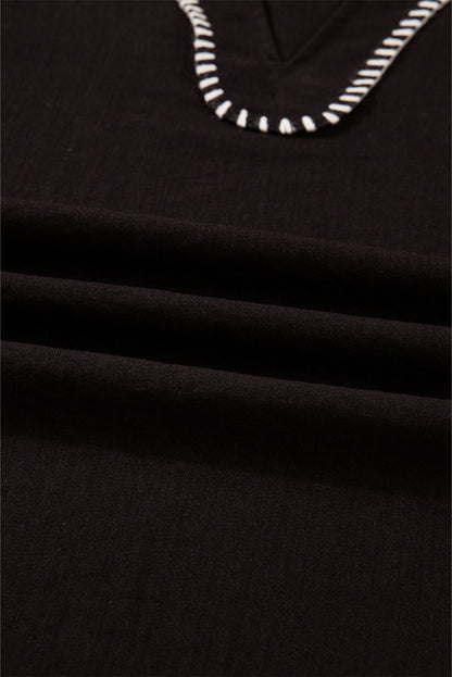 Black Contrast Stitched Detail V Neck Ruffle Long Sleeve Blouse