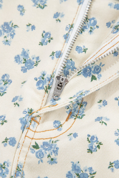 Beige Grommet Knot Waist Floral Barrel Leg Jeans