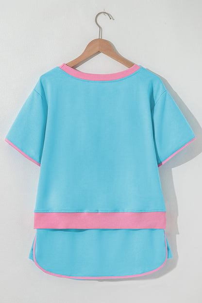 Turquoise Colorblock Edge Drop Shoulder T Shirt and Skirt 2Pcs Set