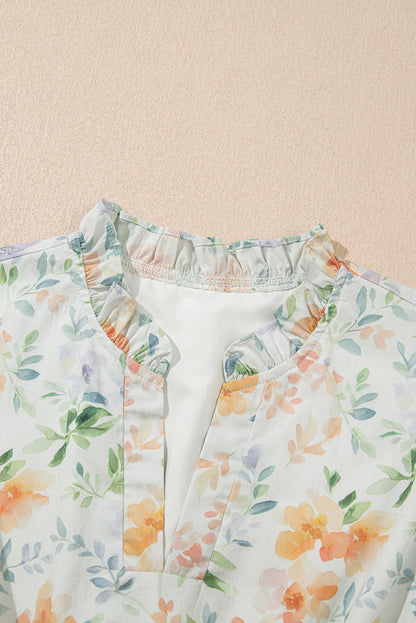 Beige Floral Print Shirred High Waist Puff Sleeve Mini Dress