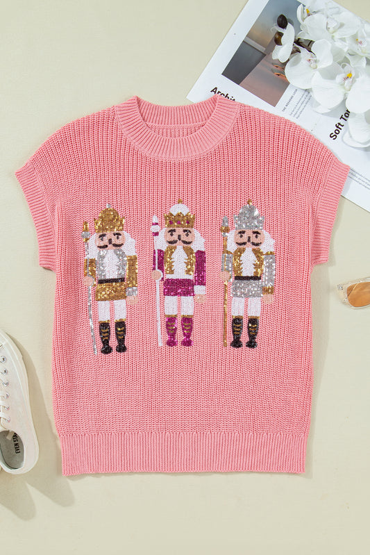 Gossamer Pink Nutcracker Cutie Sequin Graphic Short Sleeve Sweater