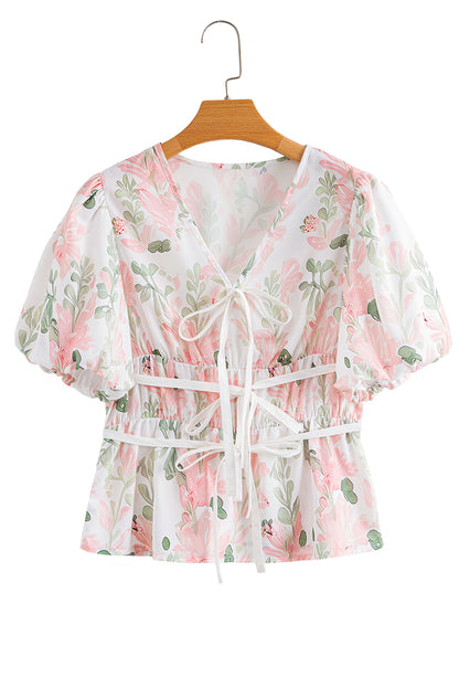 Pink Floral Puff Sleeve V Neck Tied Front Peplum Blouse
