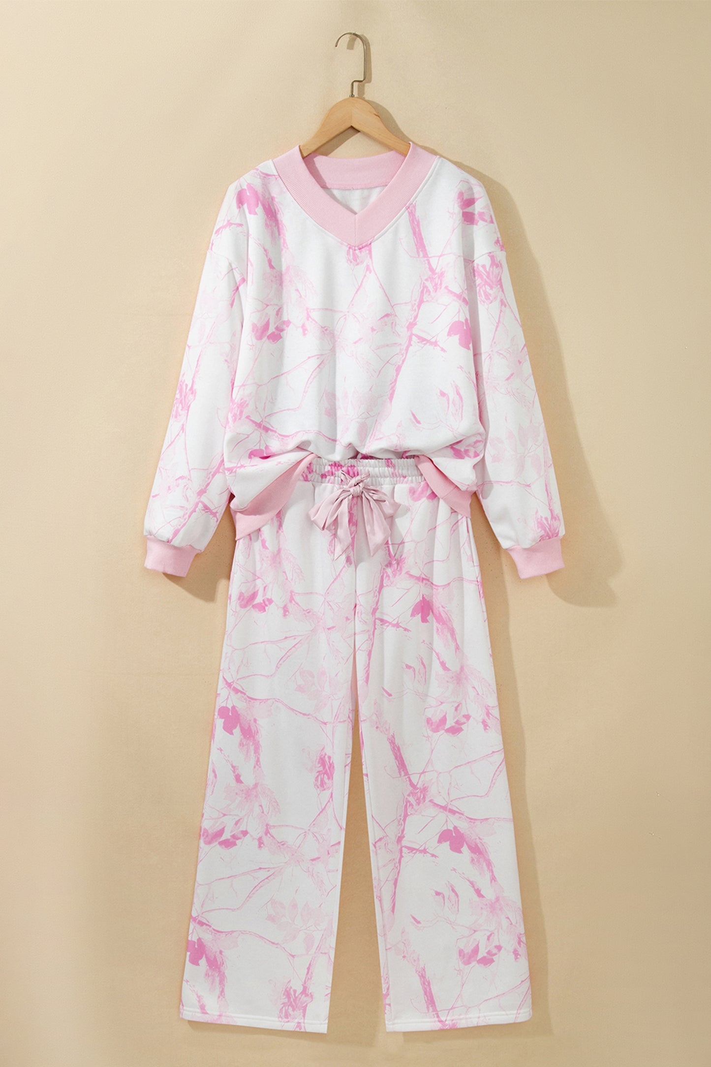 Pink Abstract Plant Print Long Sleeve V Neck Pant Set