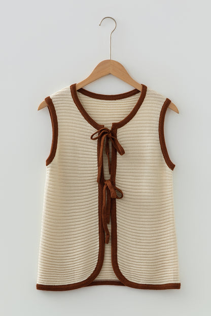 White Horizontal Ribbed Knit Contrast Trim Ties Front Sweater Vest