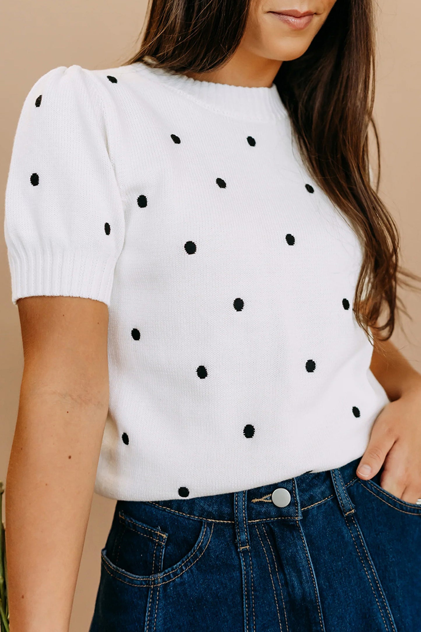 Chestnut Elegant Polka Dot Bubble Short Sleeve Sweater