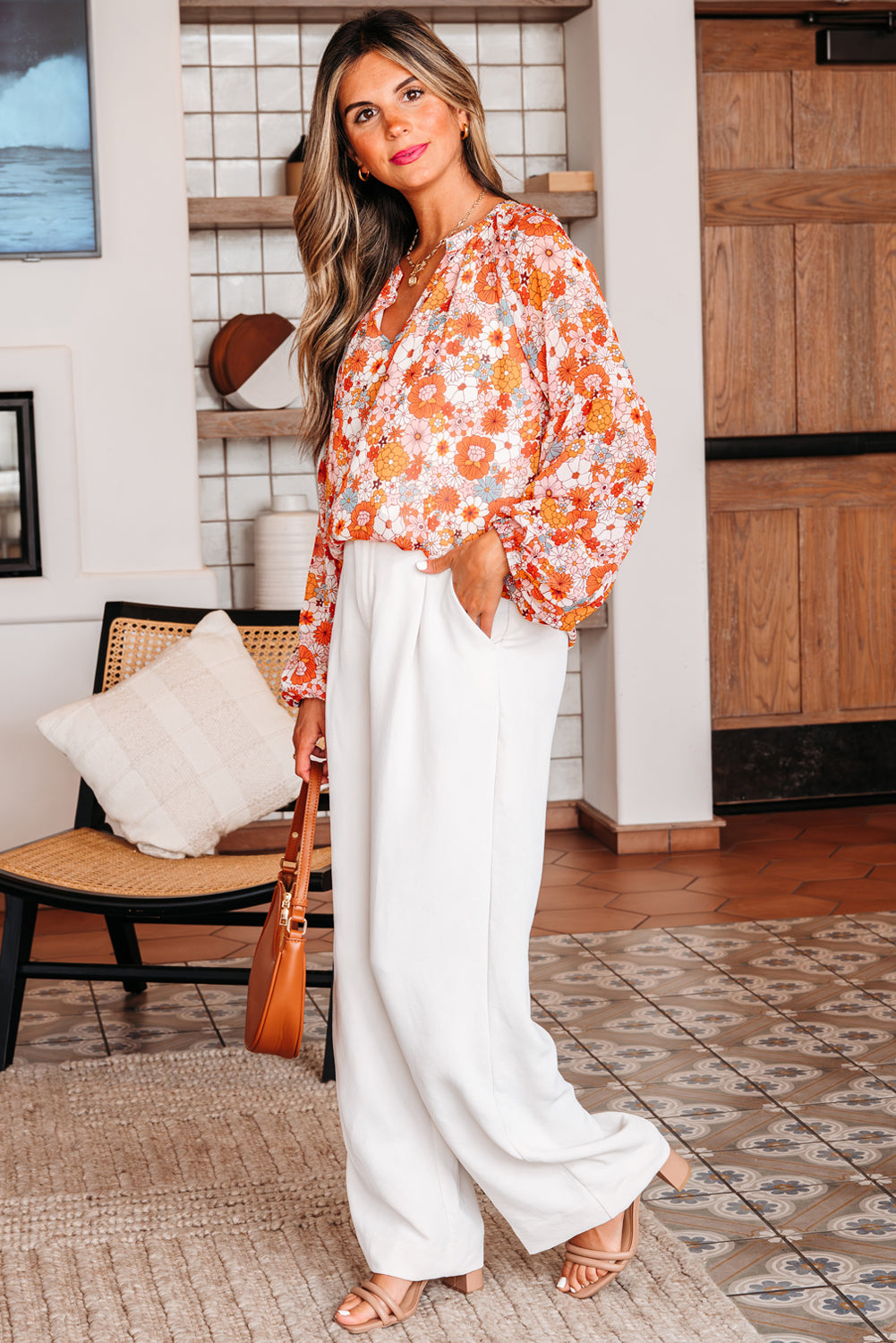 Orange Floral Print V Neck Long Puff Sleeve Top