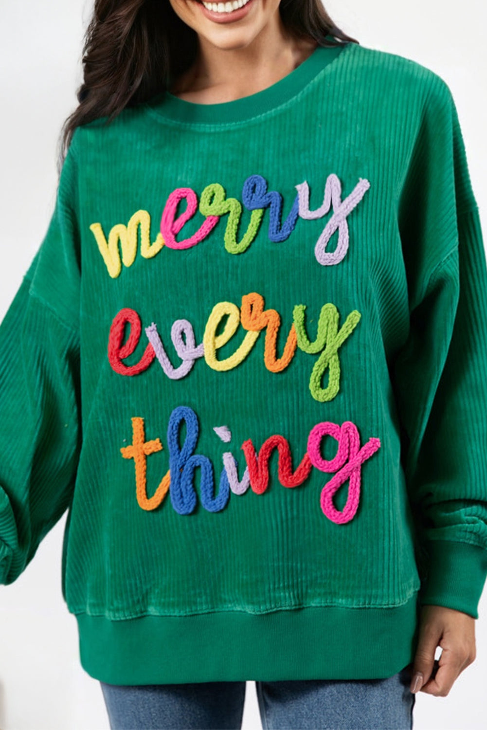 Beige merry little thing Corded Letter Graphic Ribbed Loose Sweatshirt