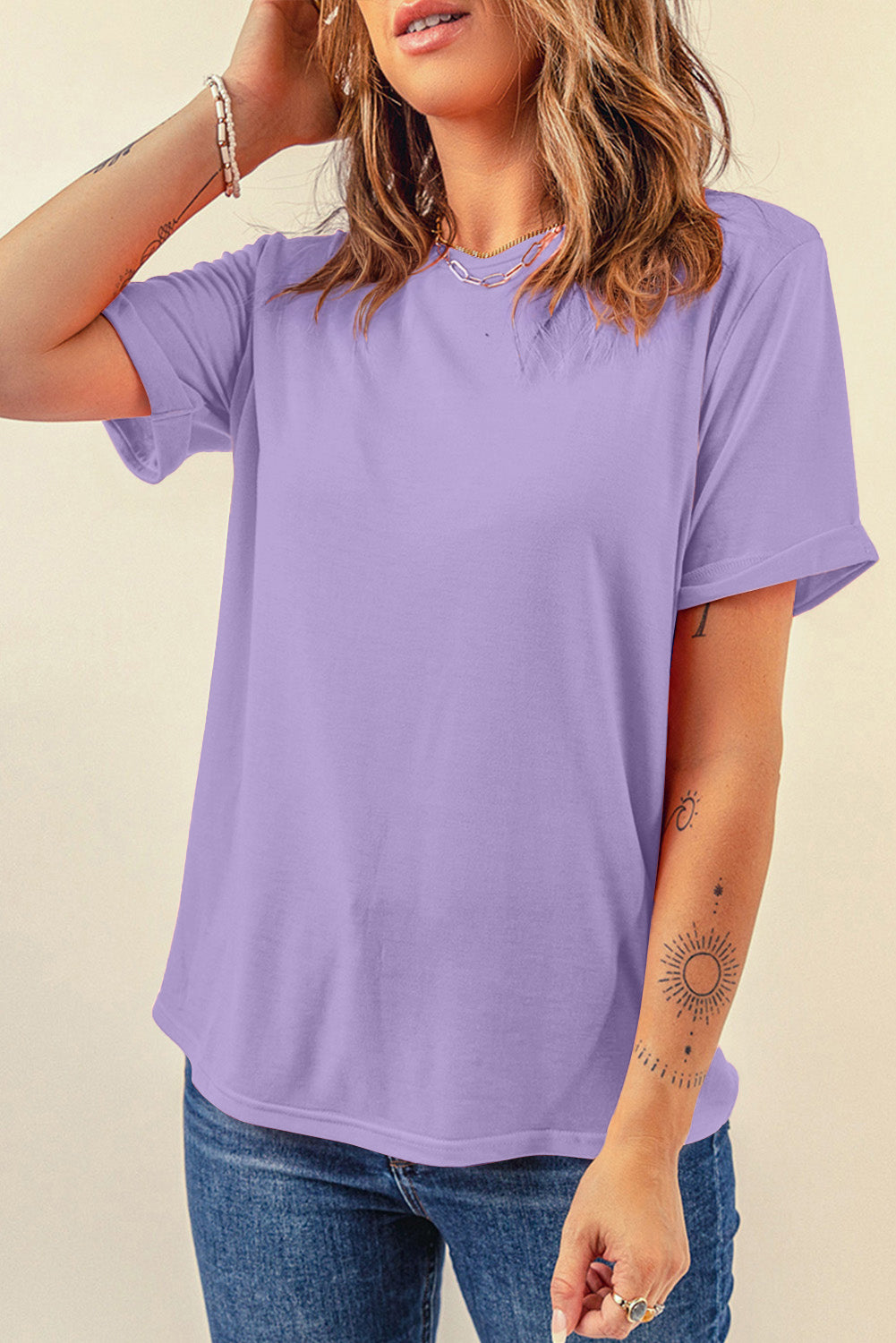 Yellow Cream Casual Plain Crew Neck Tee