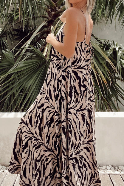Black Abstract Print Open Back Boho Loose Maxi Sundress
