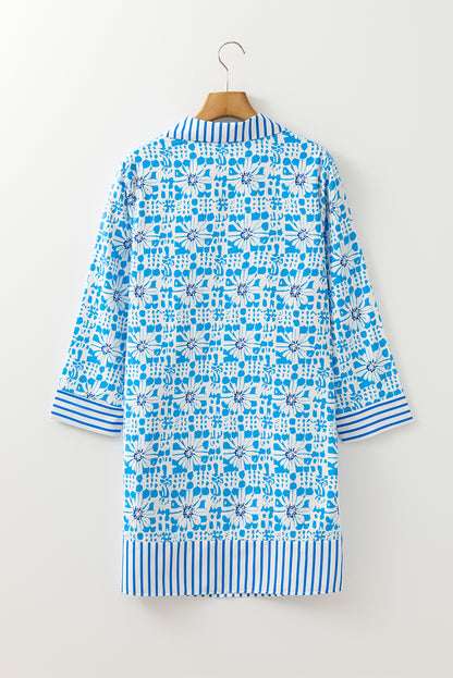 Sky Blue Contrast Striped Trim Floral Shift Fit Fall Dress