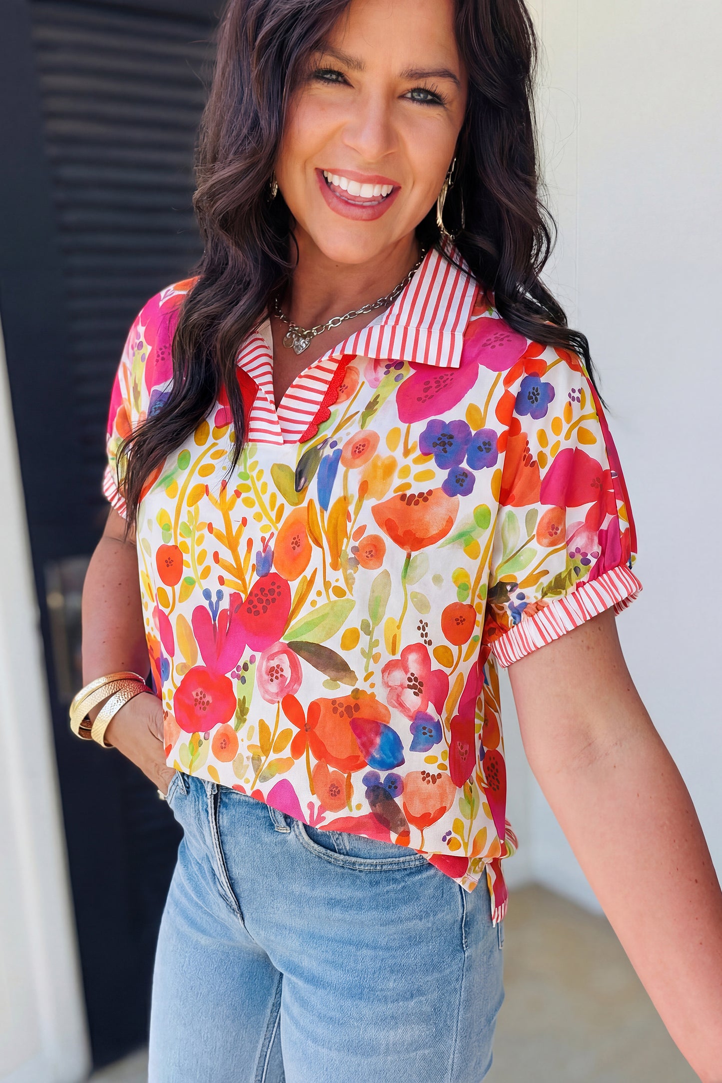 Rose Striped Trim Collared V Neck Short Sleeve Floral Print Blouse