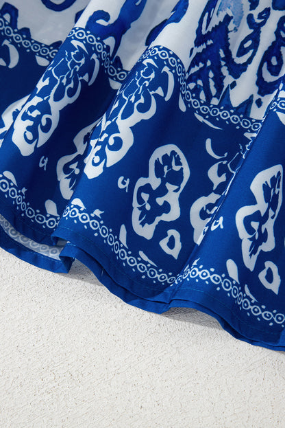 Blue Floral Puff Short Sleeve V Neck High Waist Maxi Dress