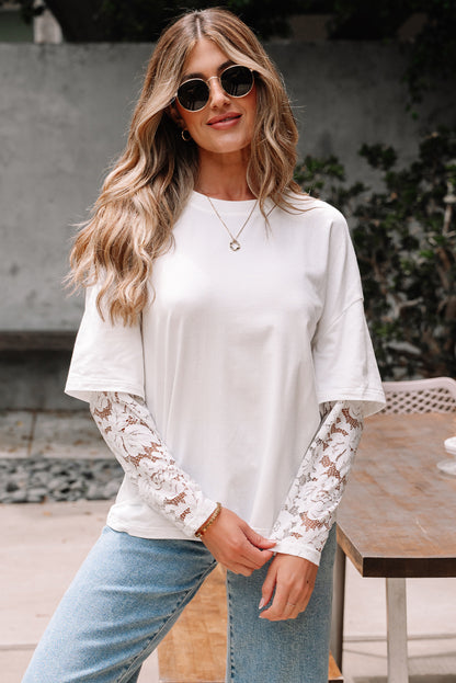 Black Lace Long Sleeve Insert Drop Shoulder Tee
