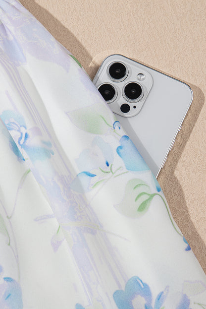 Sky Blue Floral Smocked High Waist Double Ruffle Sleeveless Long Dress