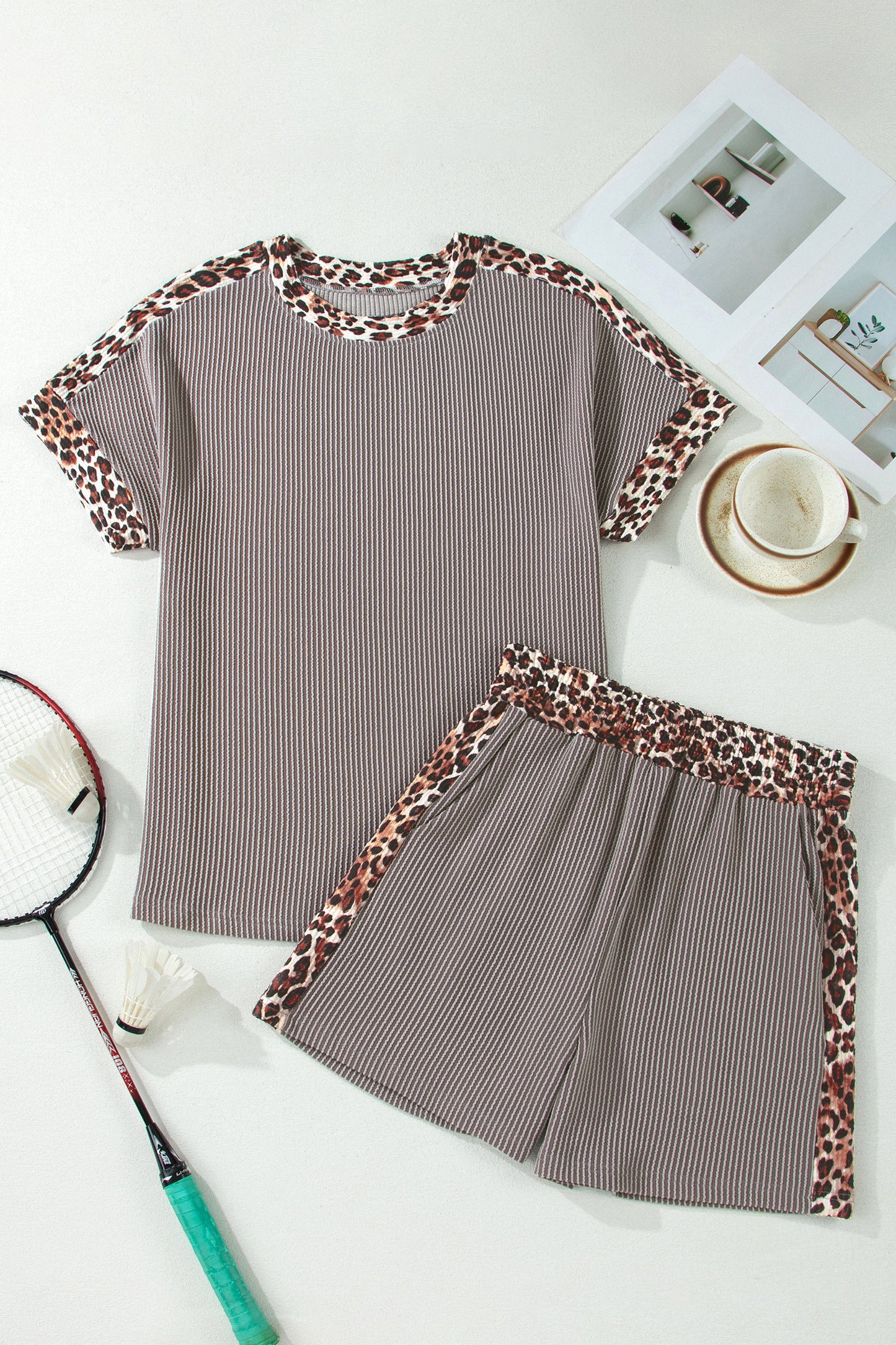 Sky Blue Leopard Trim Twist Ribbed Short Set