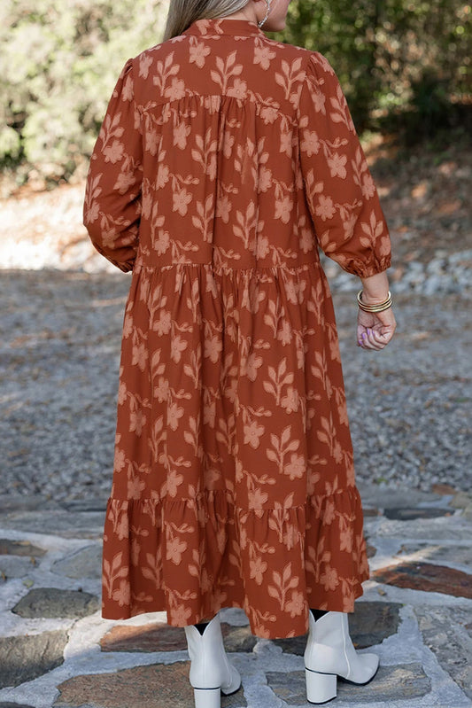 Cinnamon Plus Size Textured 3D Flower Pattern Ruffle Hem 3/4 Sleeve Long Dress