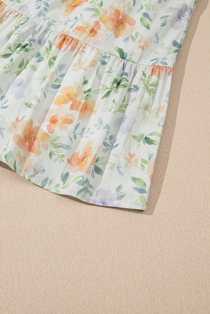 Beige Floral Print Shirred High Waist Puff Sleeve Mini Dress