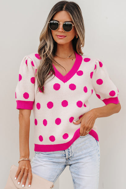 Rose Red Polka Dot Puff Short Sleeve Sweater Top