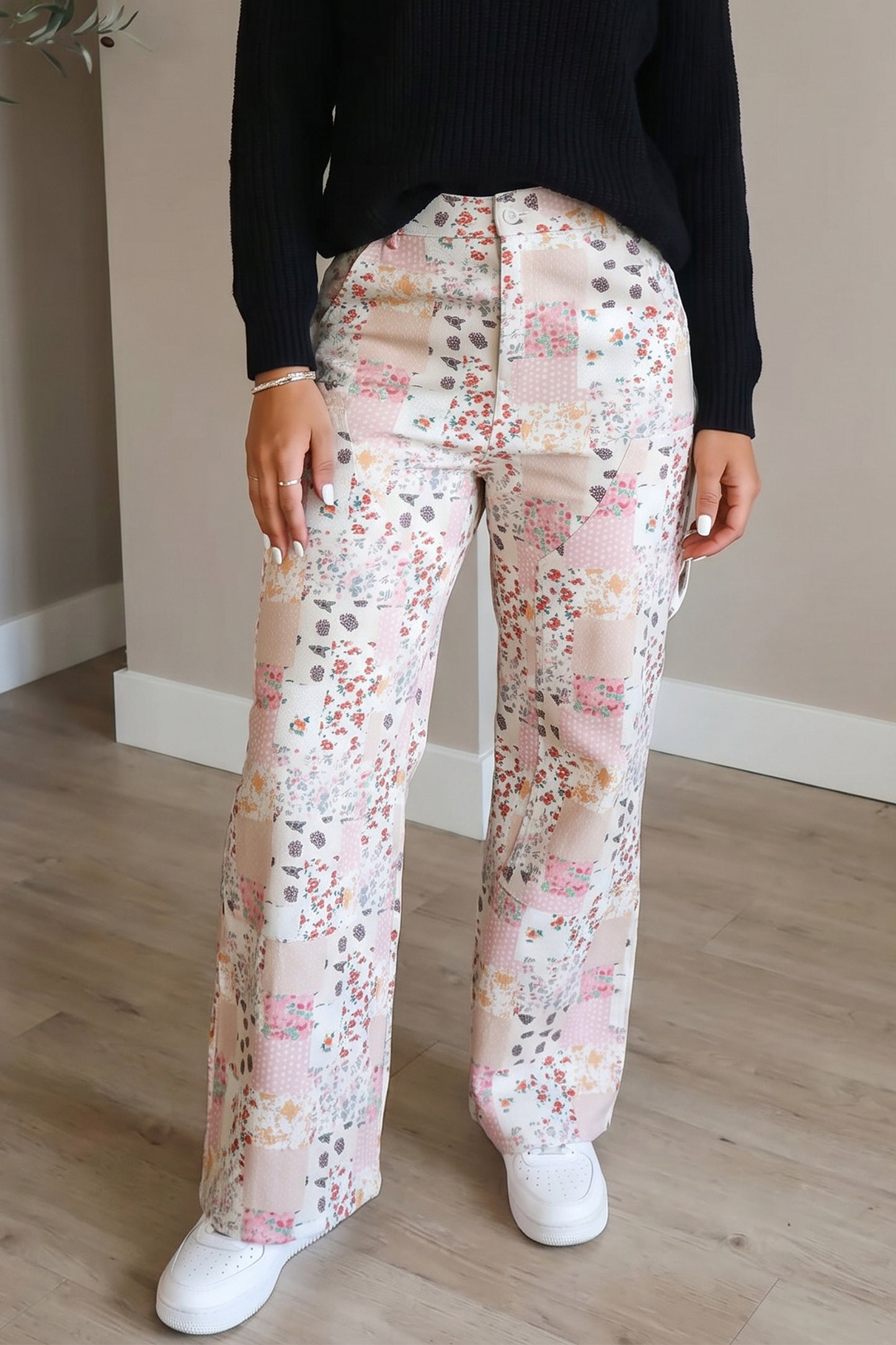 Pink Floral Patchwork Wide Leg Full Length Jeans