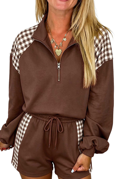 Bright Green Plaid Patchwork Half Zip Pullover Drawstring Short Set