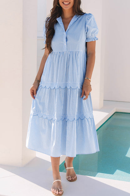 Sky Blue Stripe Bubble Short Sleeve Tiered Scallop Long Dress