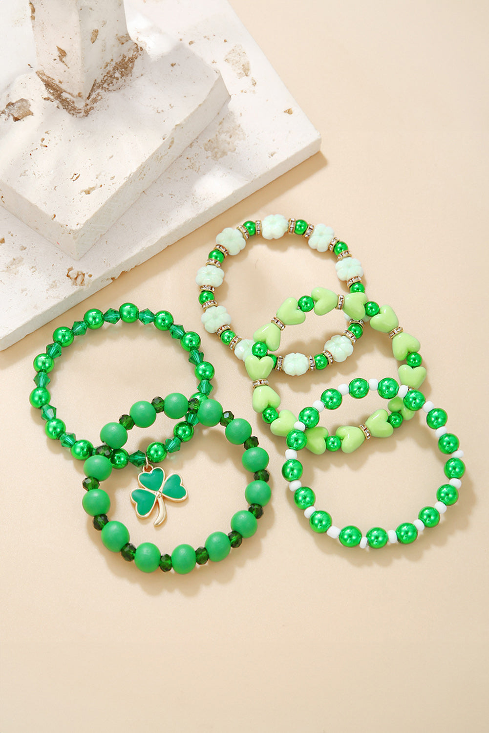Green Clover Pendant Beaded 5pcs Bracelet Set
