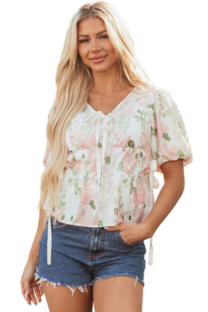 Pink Floral Puff Sleeve V Neck Tied Front Peplum Blouse