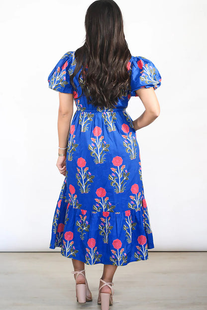 Blue Floral Puff Short Sleeve V Neck High Waist Maxi Dress