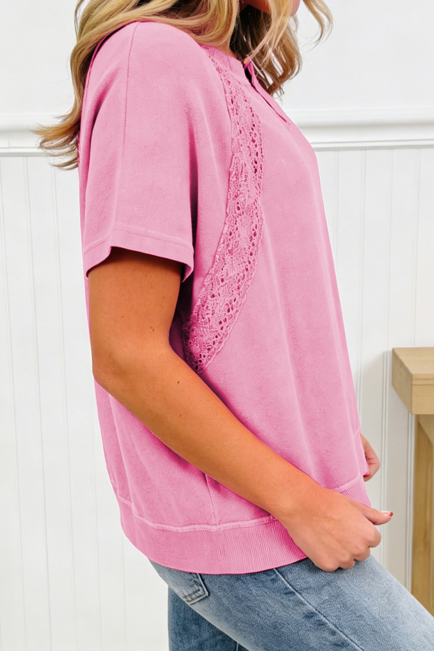 Mint Green Raw Cut Notched Neck Lace Patchwork Detail Mineral Wash Tee