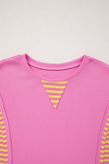 Bright Pink Waffle Textured Contrast Striped Patchwork Loose T Shirt