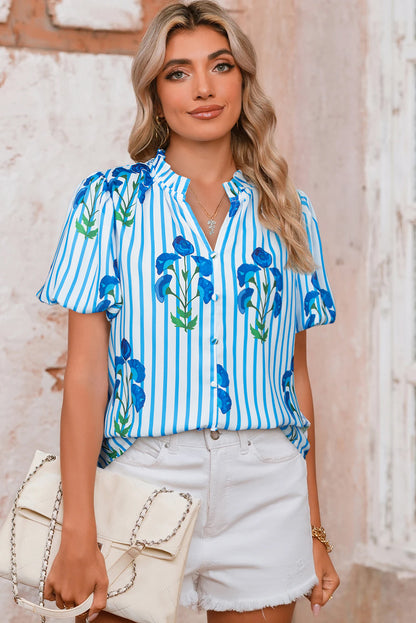 Sky Blue Stripe Floral Buttoned Frilly Notched Neck Puff Sleeve Summer Blouse