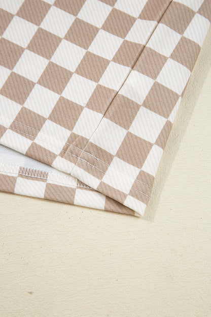 Khaki Checkered Long Sleeve Crop Top High Waist Skort 2pcs Set