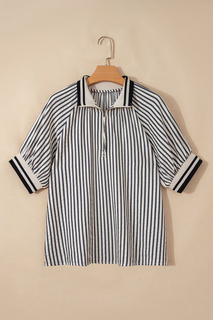 Black Stripe Polo Collar Half Zip Short Puff Sleeve Blouse