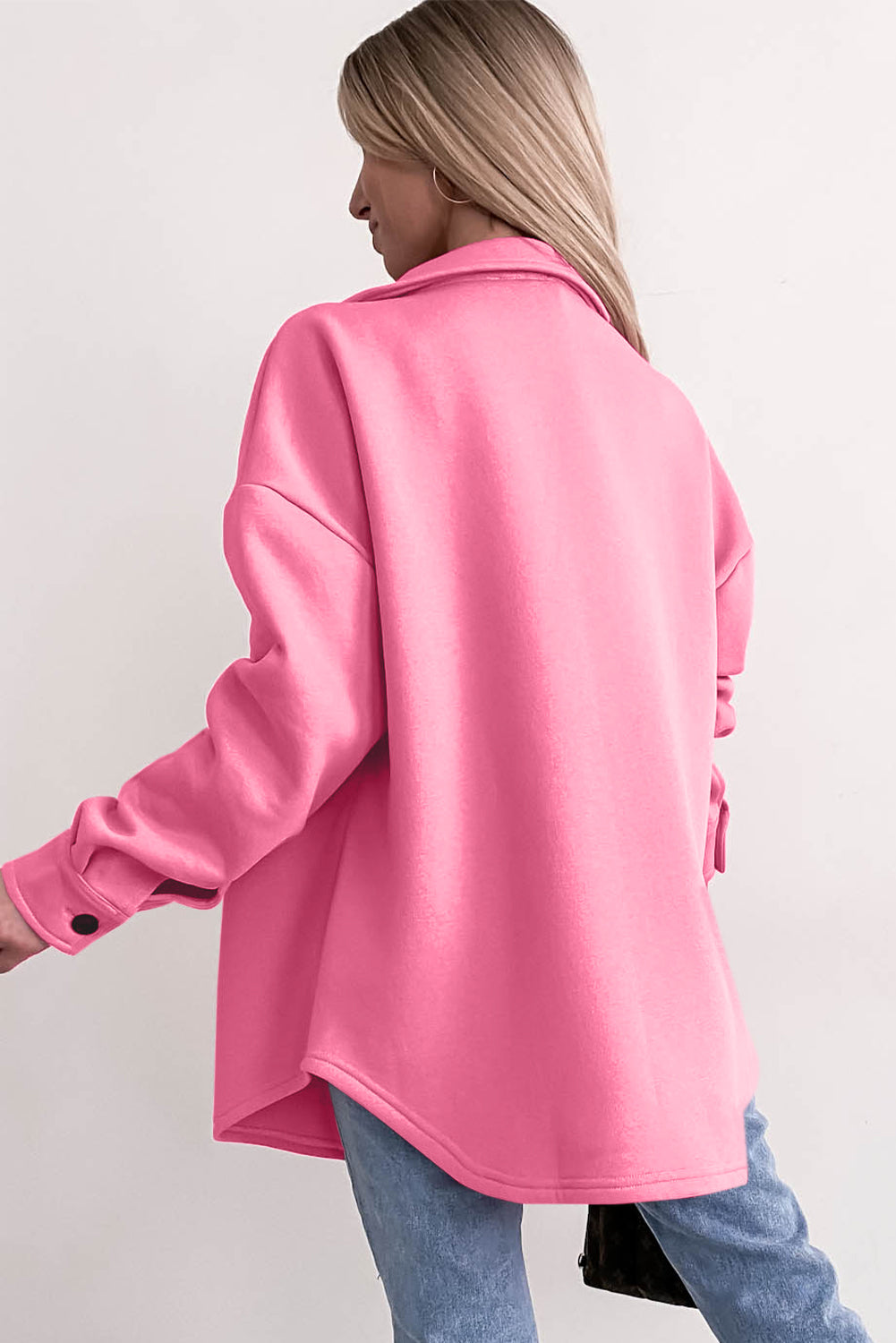 Pink Solid Color Pocketed Button up Long Sleeve Shacket