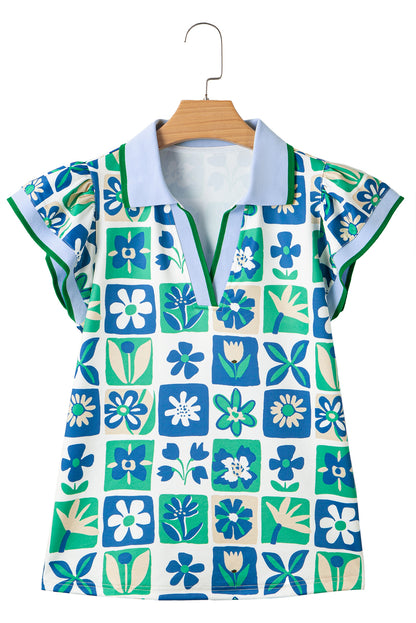 Green Floral Plaid Colorblock Trim Collar Flutter Sleeve Blouse