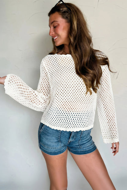 Yellow Cream Scalloped Trim Hollow Out Knit Long Sleeve Top