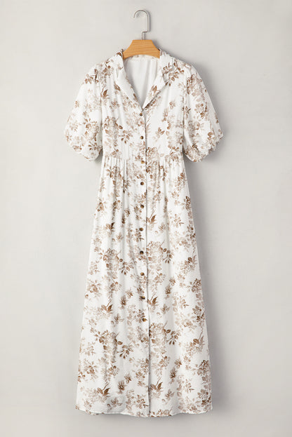 Khaki Floral Puff Sleeve V Neck Buttoned Front Maxi Dress