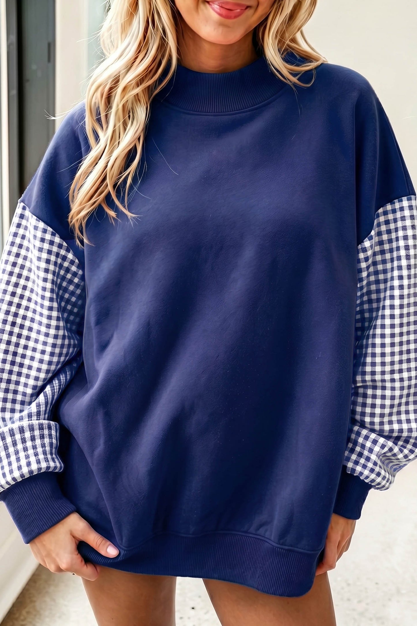 Pink Plaid Sleeve Colorblock Loose Tunic Sweatshirt