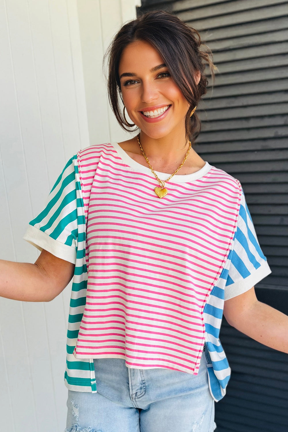 Pink Stripe Mixed Pattern Patchwork Uneven Hem Loose Tee