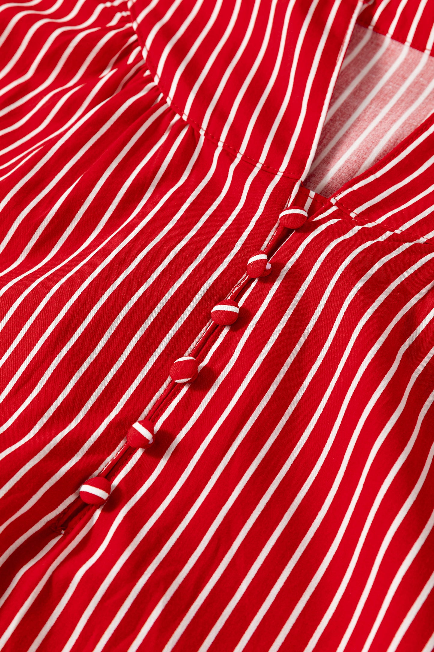 Red Stripe Ruffled Short Puff Sleeve Button Front Blouse