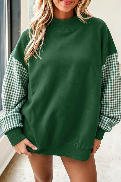 Pink Plaid Sleeve Colorblock Loose Tunic Sweatshirt
