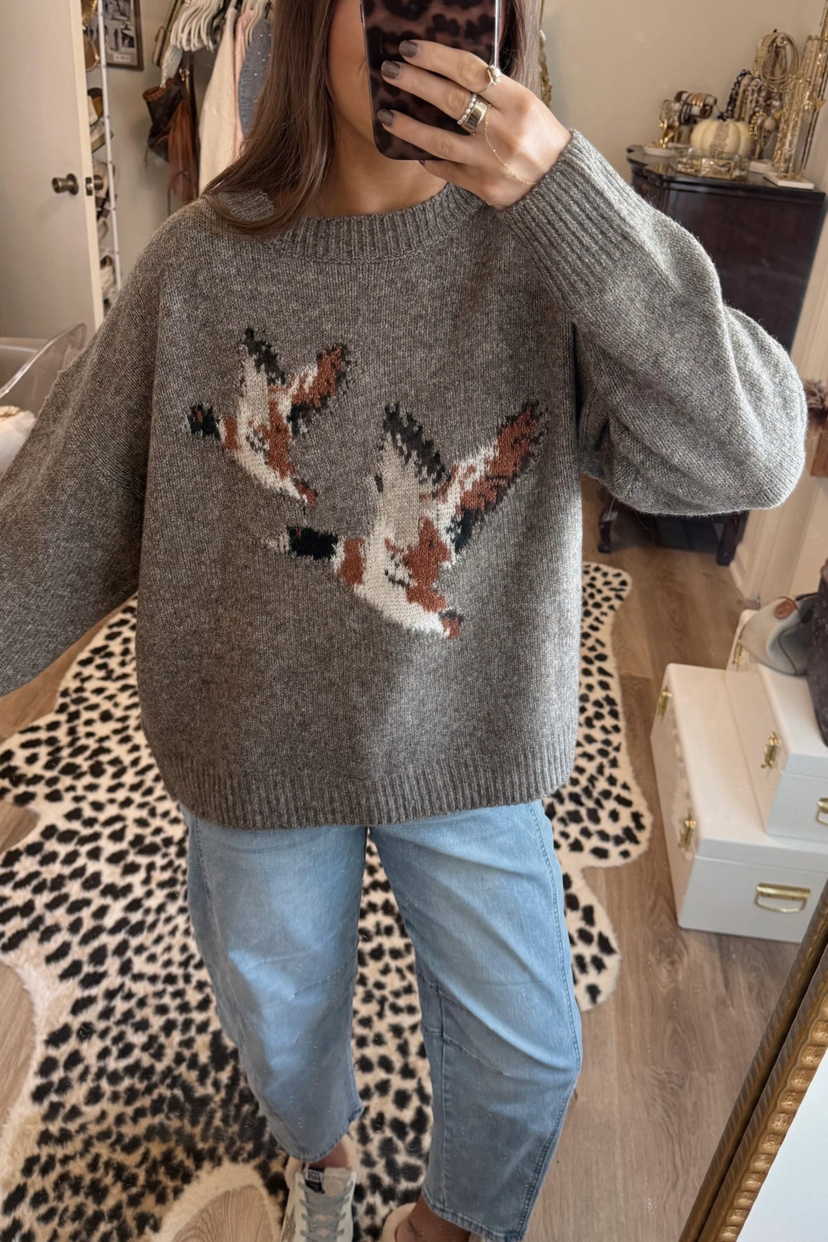 Green Wild Mallard Drop Shoulder Round Neck Long Sleeve Pullover Sweater