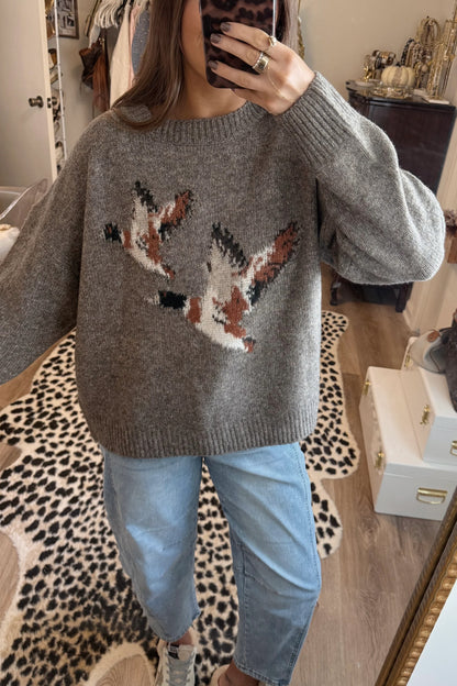 Green Wild Mallard Drop Shoulder Round Neck Long Sleeve Pullover Sweater