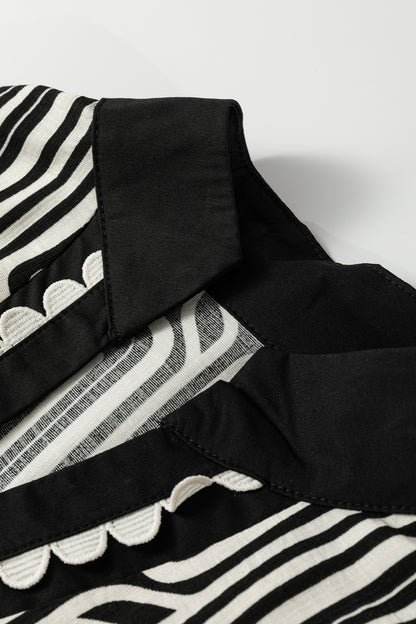 Black Geometric Print Contrast Scallop Color Block Patchwork Short Sleeve Blouse