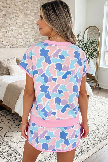Pink Camouflage Print Contrast Trim Athletic Skort Set