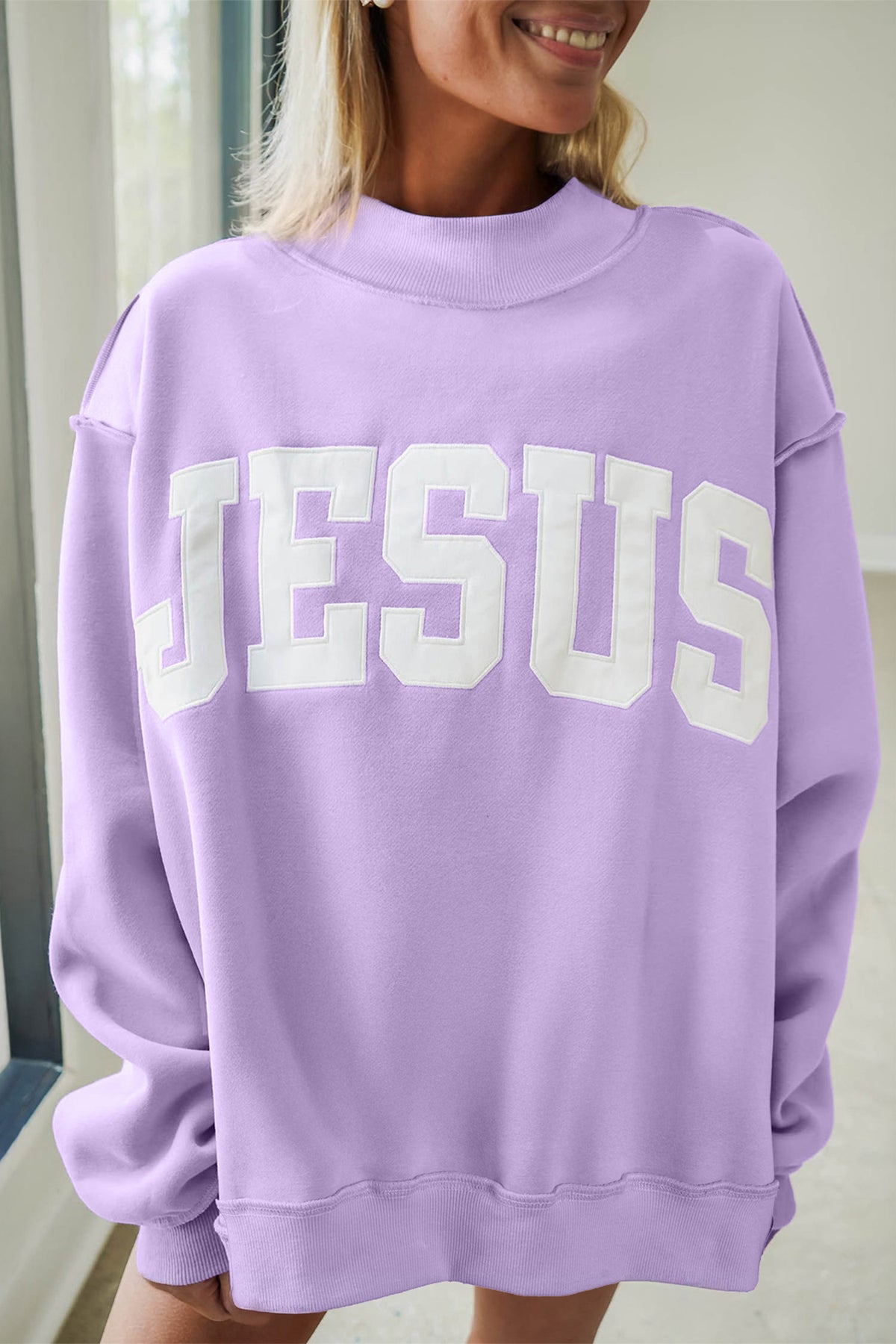 Banana Cream JESUS Letter Patch Graphic Exposed Seam Mock Neck Baggy Sweatshirt